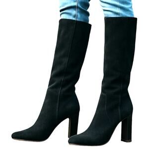 Liam 8 Black Suede Women's Knee Length Riding Boots 4 inch High Heels Shoes